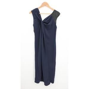 Poleci Dress Blue Black Genuine Leather Twisted Midi Asymmetrical Neckline 0